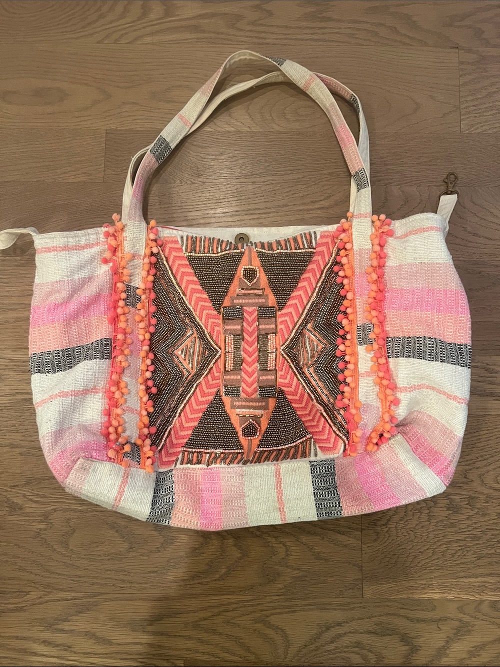 Embroidered Pink & Coral Pom-Pom Tote Bag